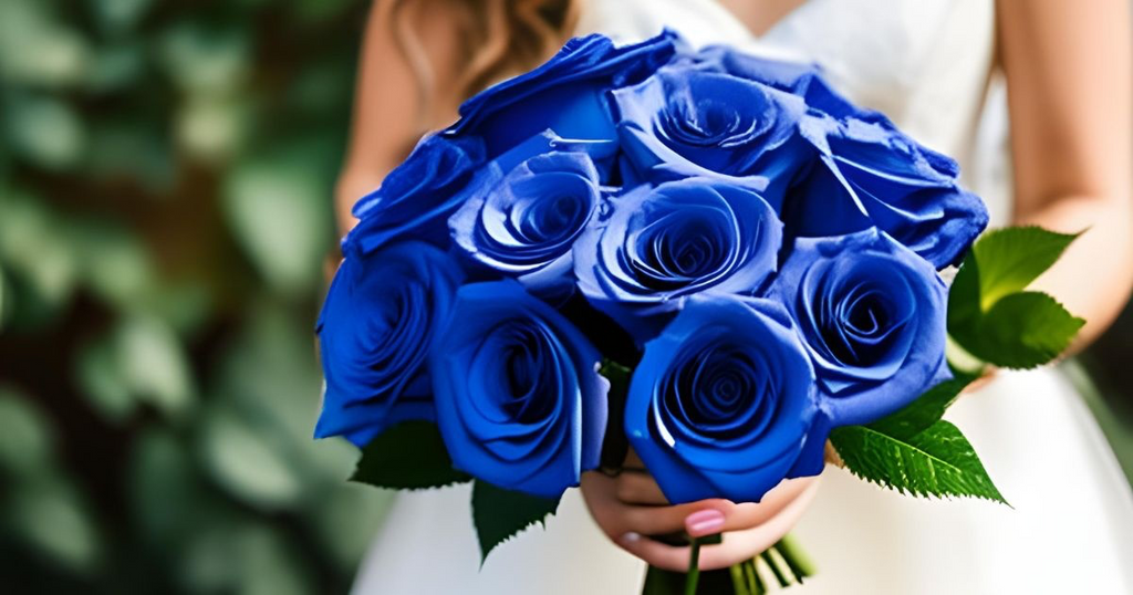 Arrangement of blue roses being held in a spiritually significant setting.