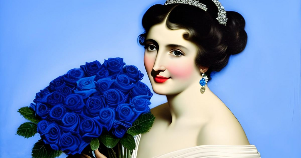Artist rendition of blue roses being held by women posed with styles from the 19th century.