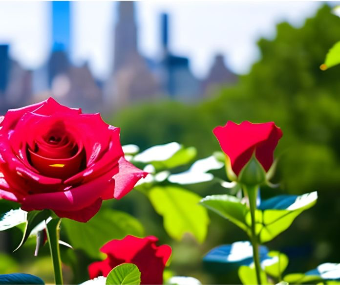 A beautiful image of a New York State Flower, the rose, growing in a garden in New York City.