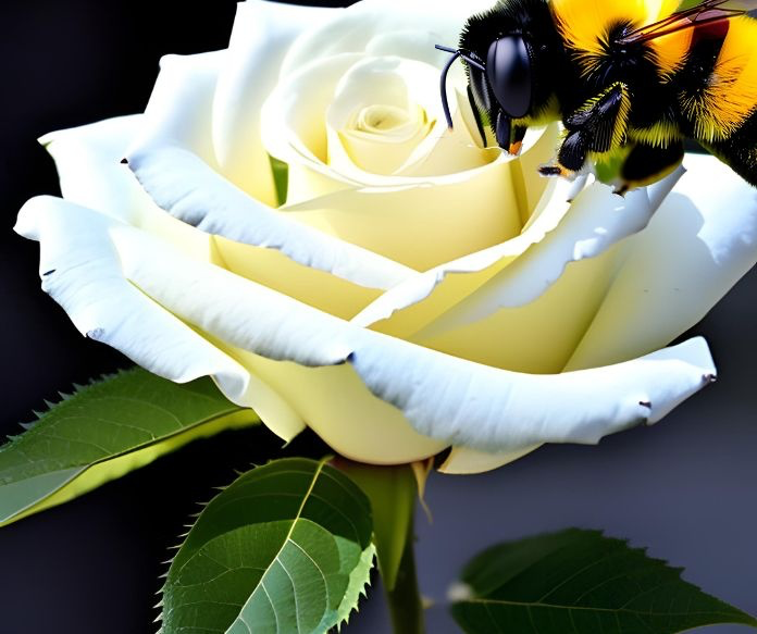 A picture of a rose with a bee on it.