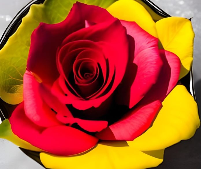 A picture of a rose in a bowl of water filled with rose petals.