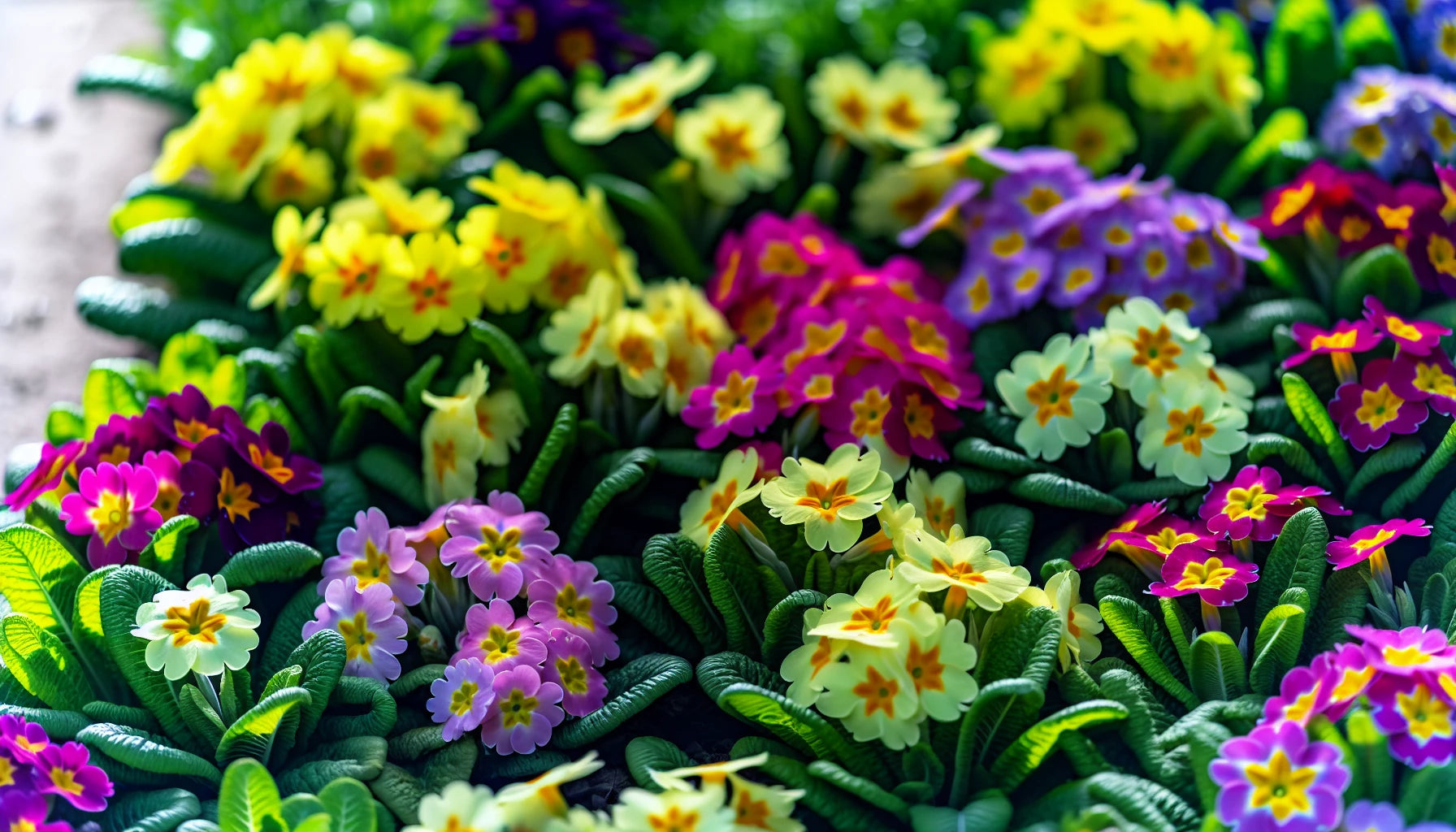 Primrose flowers in various colors