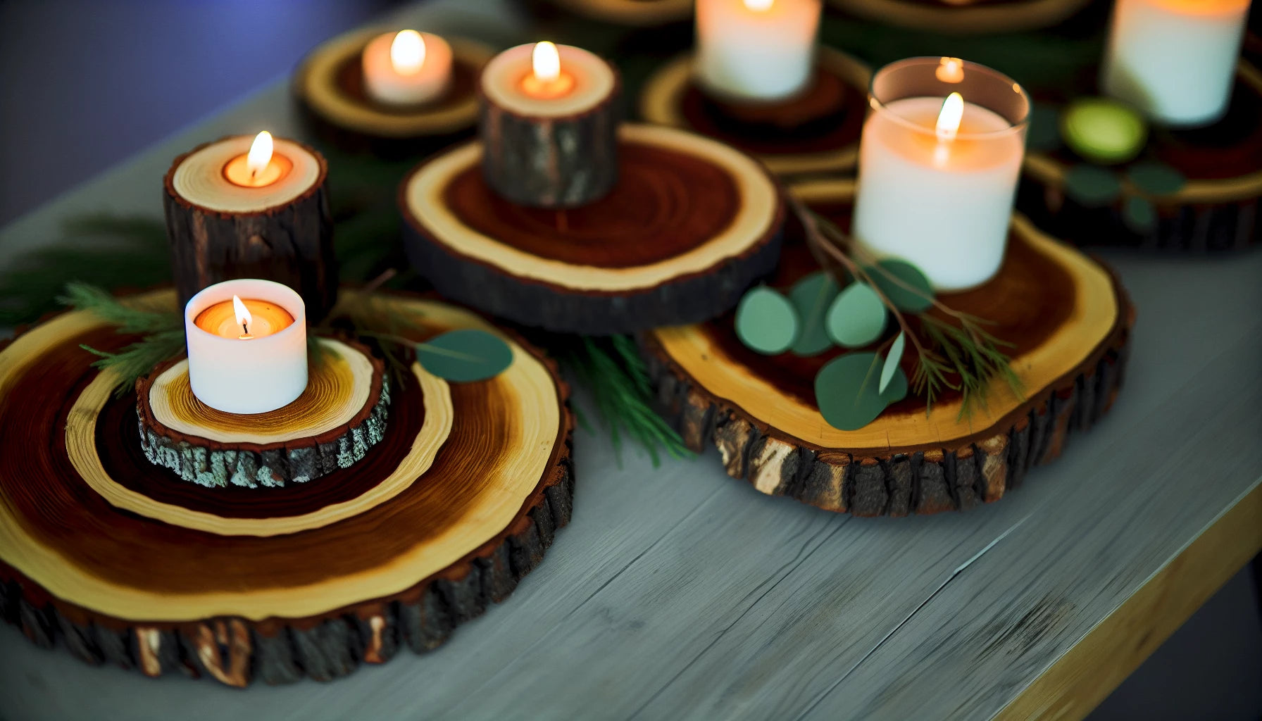 Rustic wood slices as base for DIY wedding centerpieces