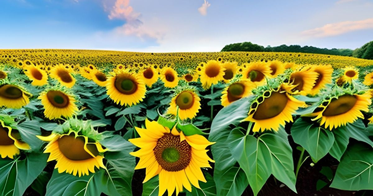 A picture of a sunflower field with bright yellow petals and tall sunflowers