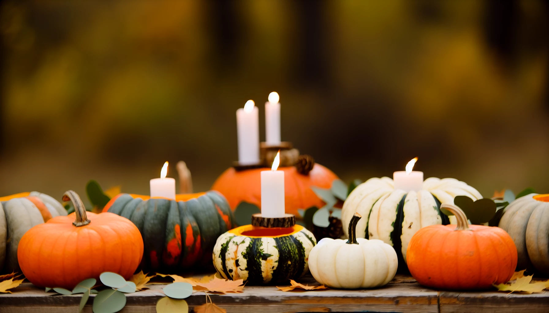 Versatile autumn pumpkins used as candle holders for DIY wedding centerpieces