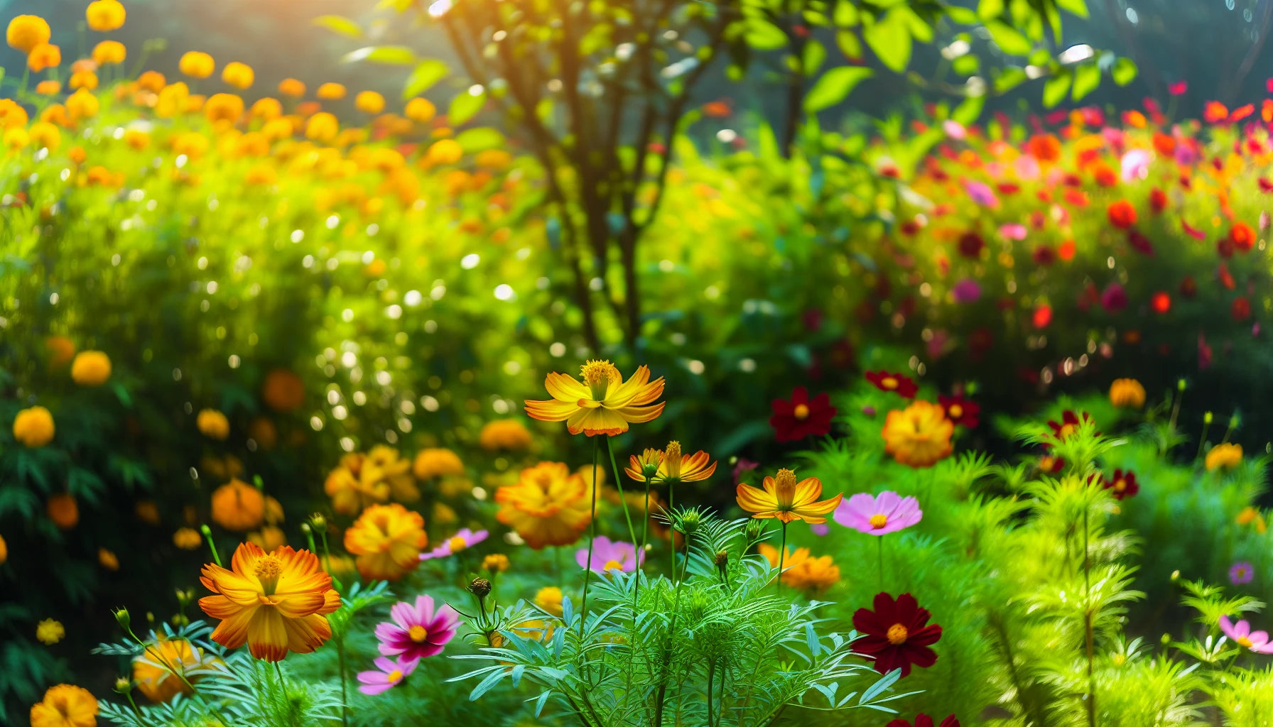 Vibrant marigold and cosmos flowers in a garden