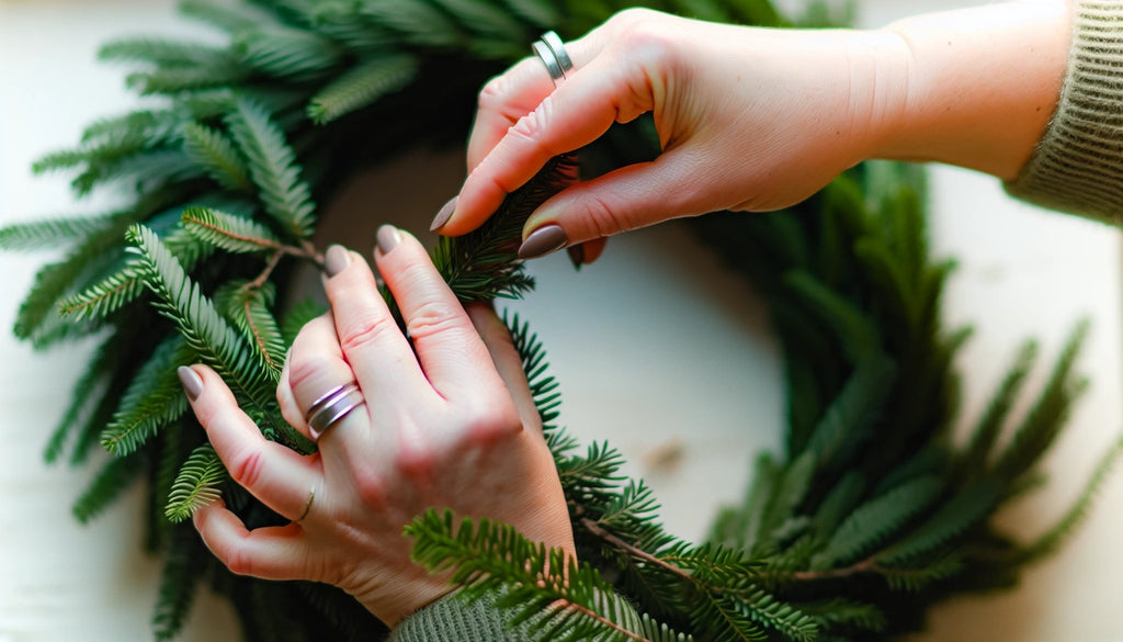 Wrapping the wreath form with greenery