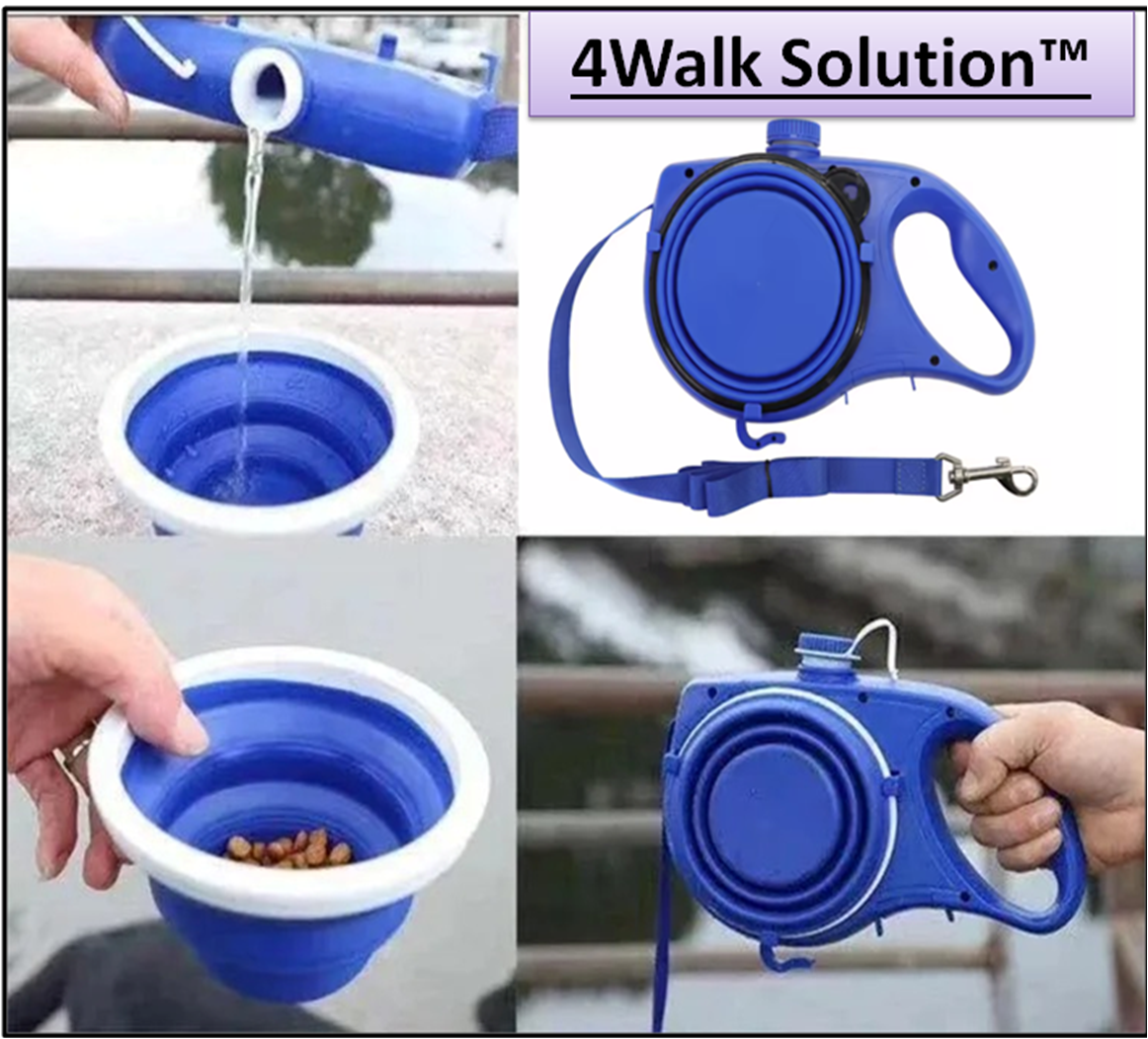 Vue des composants de la laisse pour chien 4Walk Solution⹠: bol, gourde de 300 ml et sac à déchets intégrés