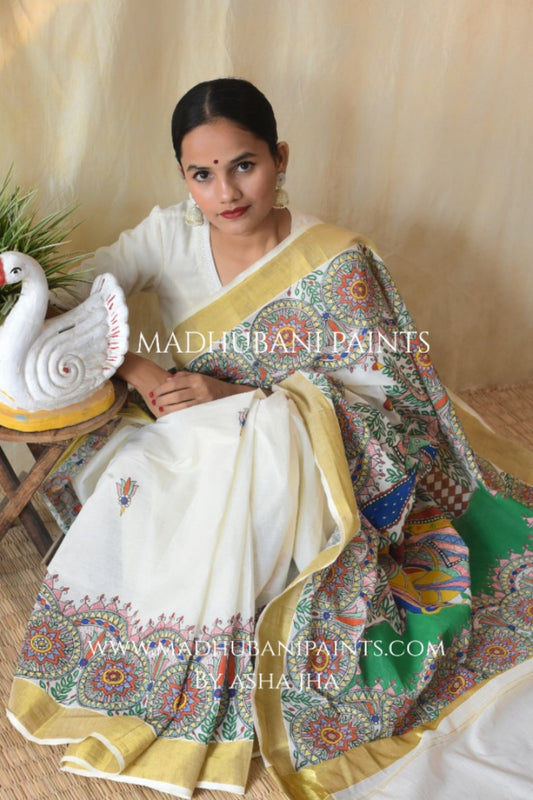 Blue Radha Krishna Designer Set Mundu - Kerala Gifts Online