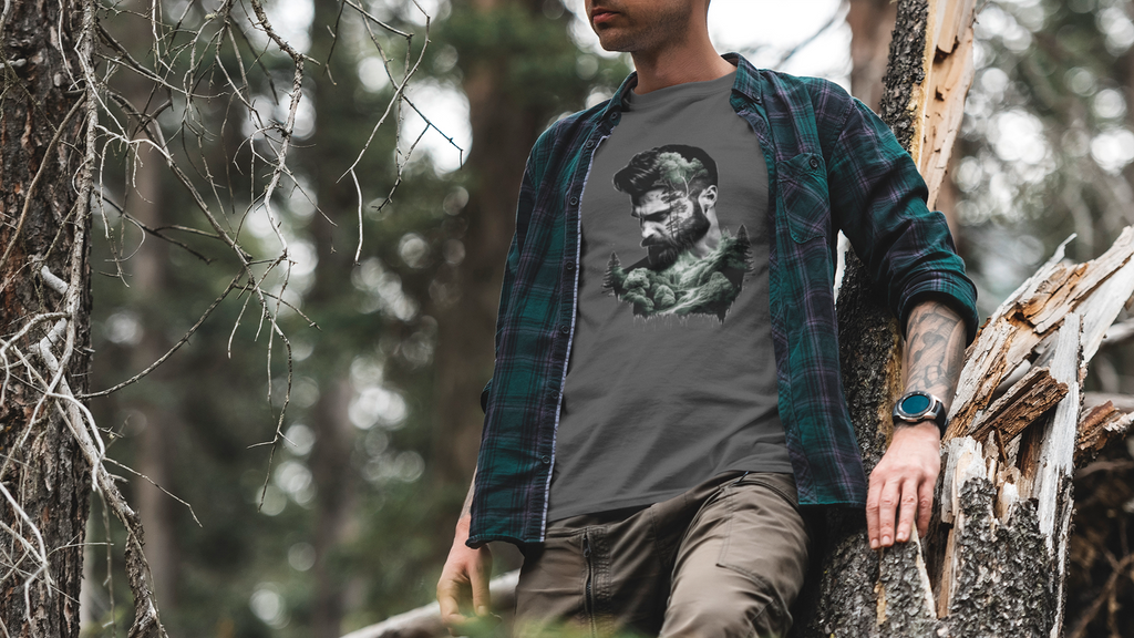 Ein Bild von einem Jäger der durch den Wald läuft und ein Wildnis Tshirt von Wildspark an hat.