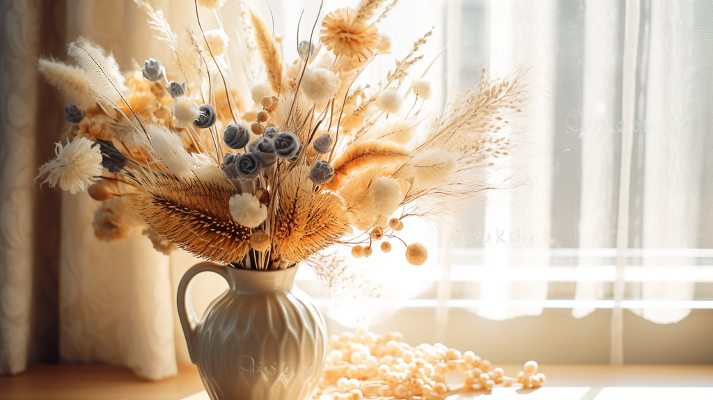 Ein schöner Strauß getrockneter Blumen, elegant in einer Vase arrangiert, der einen natürlichen Charme ausstrahlt und einen Hauch von Natur in den Raum bringt
