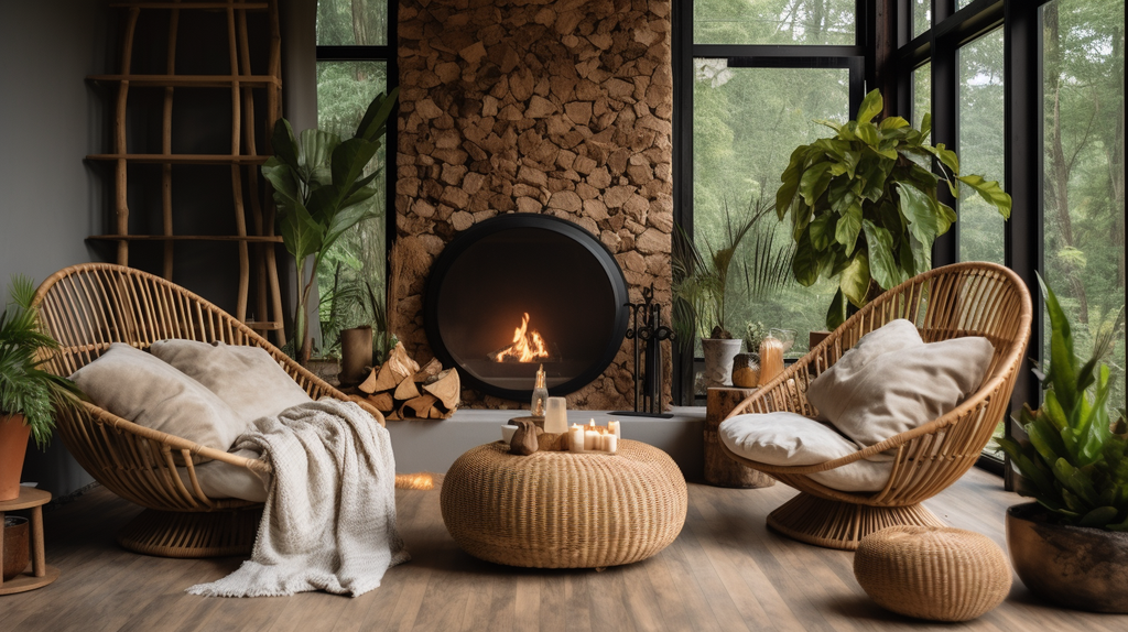 Bild eines gemütlichen Wohnzimmers mit Möbeln aus nachhaltigen Materialien wie Bambus und recyceltem Holz, die die Wärme und natürliche Ästhetik unterstreichen.
