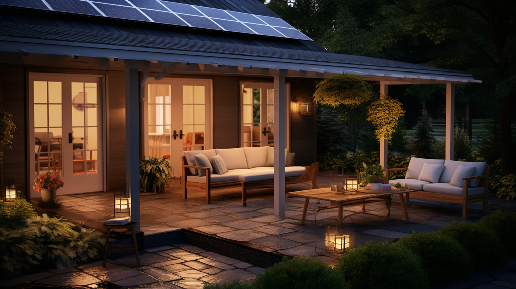 Eine Szene im Freien mit solarbetriebenen Leuchten, die eine Terrasse oder einen Gartenbereich beleuchten und umweltfreundliche Beleuchtungslösungen zeigen