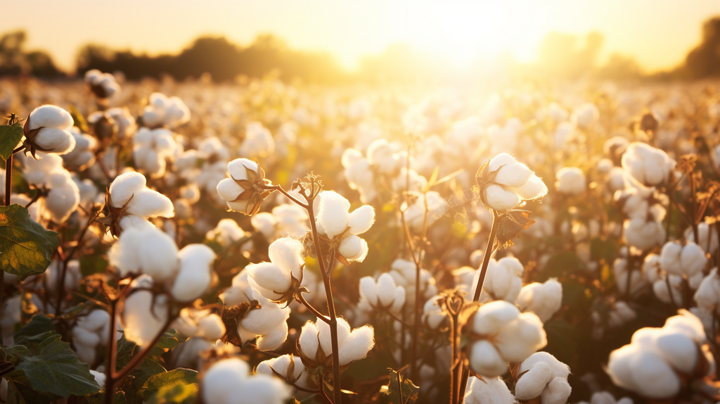Ein blühendes Baumwollfeld im Sonnenlicht, das die Schönheit des ökologischen Landbaus und der nachhaltigen Textilproduktion symbolisiert.