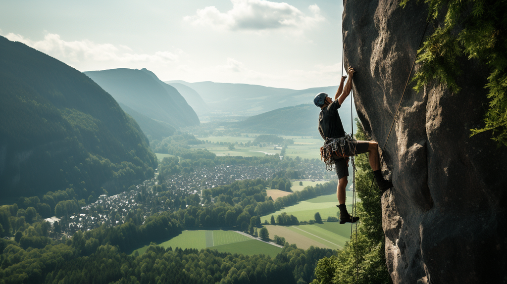 Ein Kletterer in der Fränkischen Schweiz, der eine steile Felswand erklimmt. Im Hintergrund erstreckt sich eine malerische Landschaft.