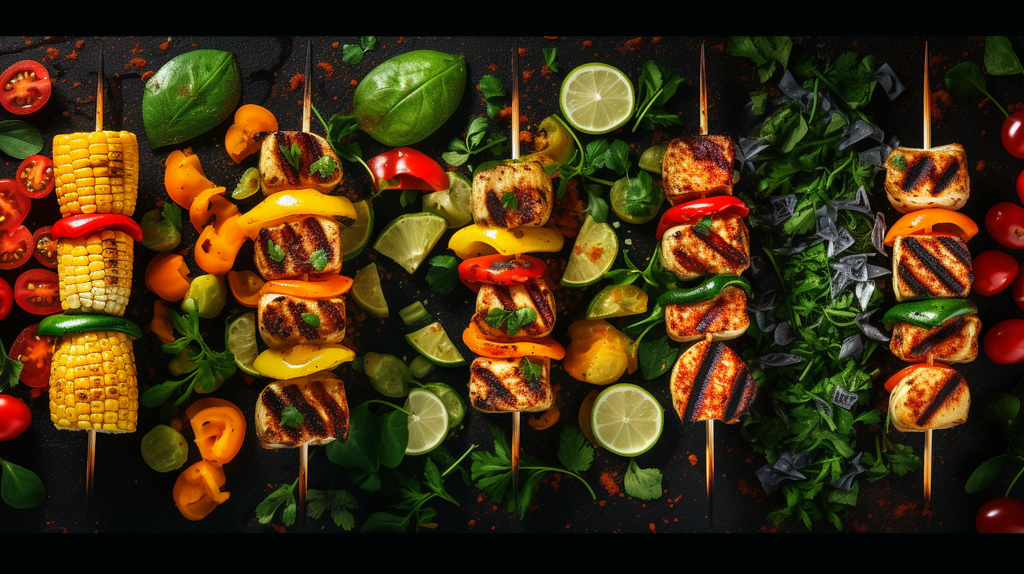 Eine Collage von umweltfreundlichen Grillalternativen wie Gemüsespießen, Tofu und nachhaltigem Fisch, um die Vielfalt des nachhaltigen Grillens zu zeigen.