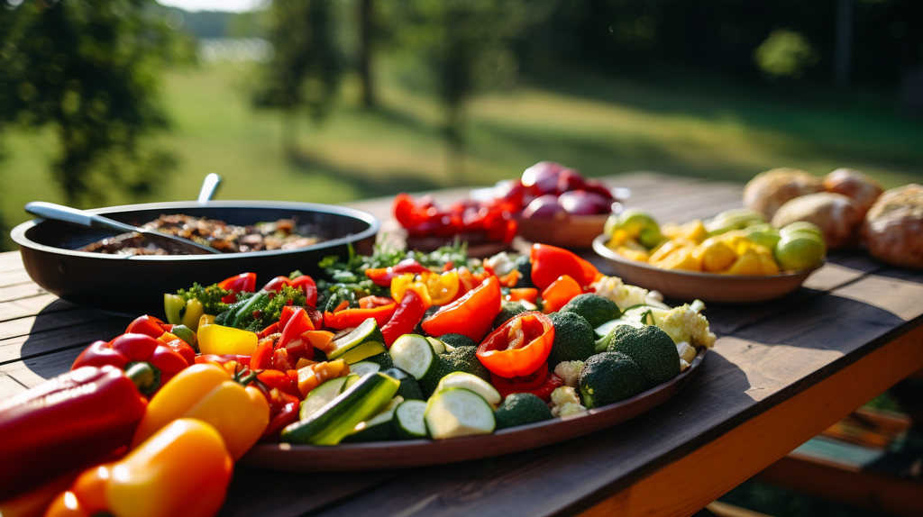 Ein buntes Gemüsebuffet auf einem Holztisch im Freien. Frische Zutaten wie Paprika, Tomaten, Brokkoli und Zucchini werden für das Grillen vorbereitet, während eine Hand nachhaltige Grillutensilien hält.