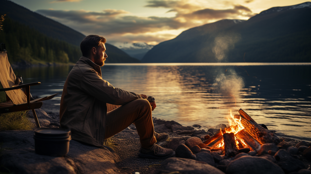 Ein zufriedener Wanderer genießt seine Mahlzeit am Ufer eines Sees und blickt dabei auf die malerische Berglandschaft. Im Hintergrund knistert ein Lagerfeuer