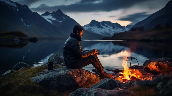 Ein Bild, das eine Person in Wildspark-Outdoor-Bekleidung zeigt, die auf einem Felsen sitzt und den Sonnenuntergang über einem See betrachtet, um die friedliche Atmosphäre der Natur zu vermitteln.