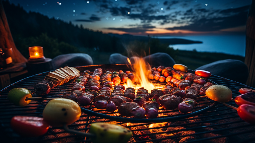 Ein gemütlicher Grillabend am Lagerfeuer unter freiem Himmel. Ein Kochrost mit saftigen Steaks und buntem Gemüse wird über den Flammen gegrillt. Im Hintergrund leuchten die Sterne am klaren Nachthimmel.