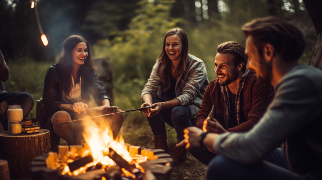 Eine Gruppe von Freunden sitzt um ein Lagerfeuer und genießt gegrillte Köstlichkeiten. Inmitten von Lachen und guter Gesellschaft schmeckt das Essen im Freien noch besser.