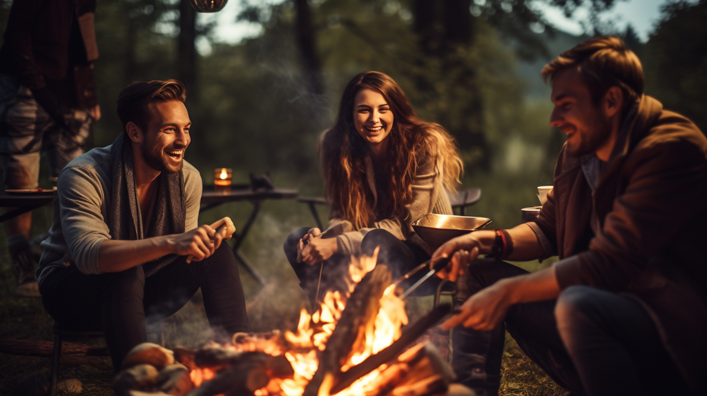 Eine Gruppe von Freunden sitzt um ein Lagerfeuer und genießt gegrillte Köstlichkeiten. Inmitten von Lachen und guter Gesellschaft schmeckt das Essen im Freien noch besser