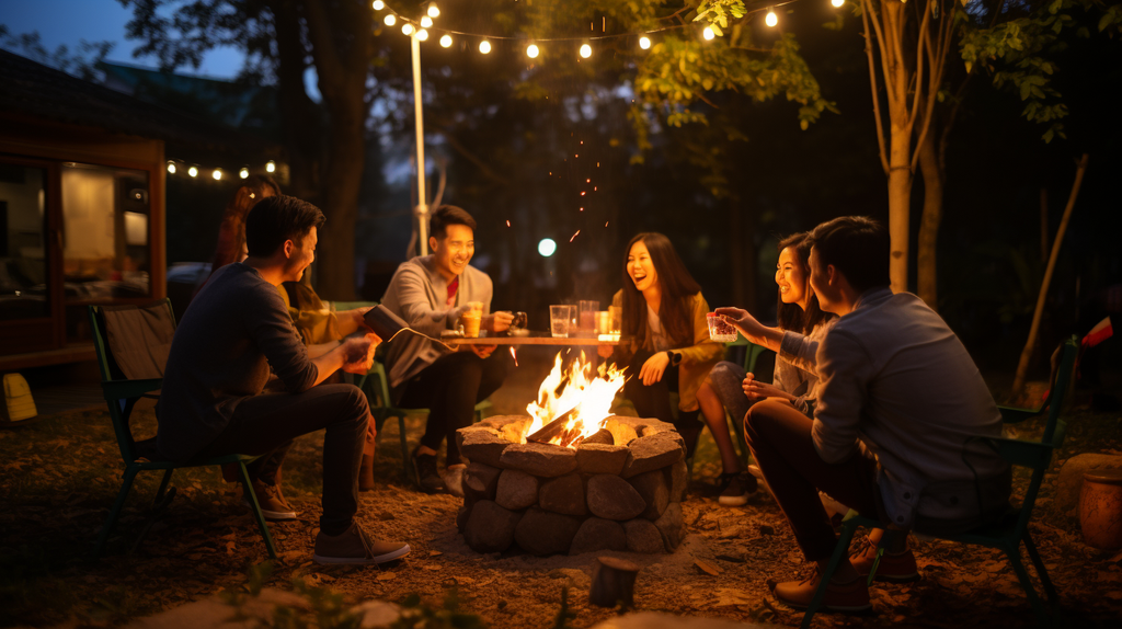 Eine Gruppe von Freunden sitzt um ein Lagerfeuer und genießt gegrillte Köstlichkeiten. Inmitten von Lachen und guter Gesellschaft schmeckt das Essen im Freien noch besser.