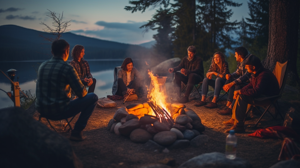Eine Gruppe von Menschen sitzt um ein Lagerfeuer, lacht und genießt gemeinsam gegrillte Mahlzeiten. Die Umgebung strahlt die Ruhe und Schönheit der Natur aus.