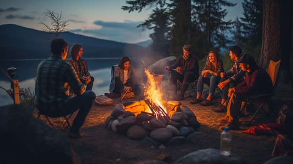 Ein Bild, das eine Gruppe von Freunden zeigt, die am Lagerfeuer sitzen und lachen, um die gemeinsamen Momente und das Teilen von Outdoor-Erlebnissen zu betonen.