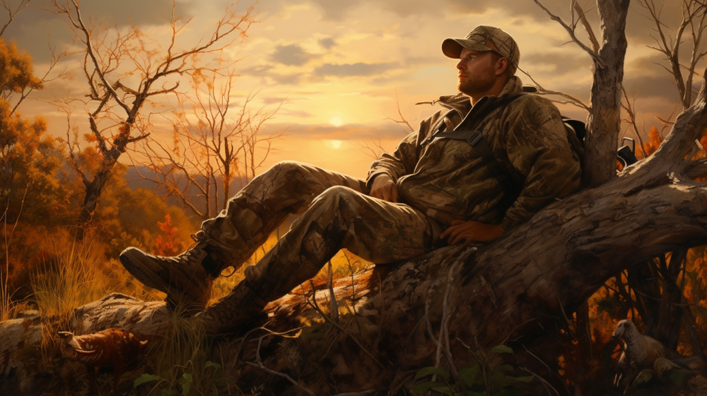 Ein Jäger ruht sich aus und genießt die Ruhe der Natur nach einem anstrengenden Jagdtag.