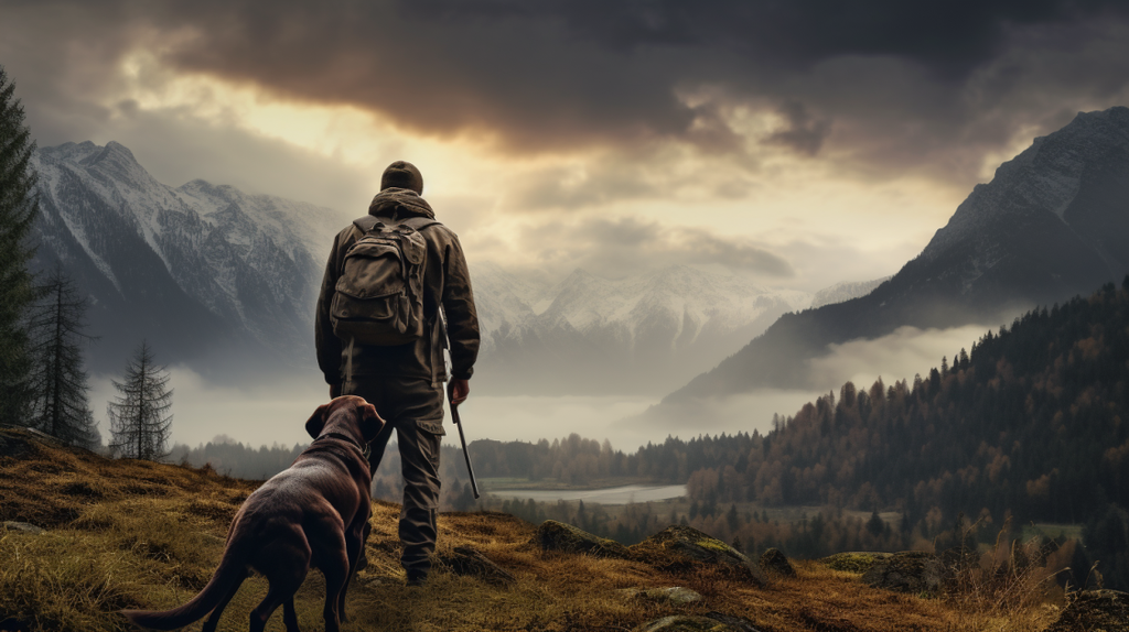 Ein Jäger steht mit seinem Hund  in der atemberaubenden Kulisse der Natur und reflektiert über die Bedeutung des Naturschutzes.
