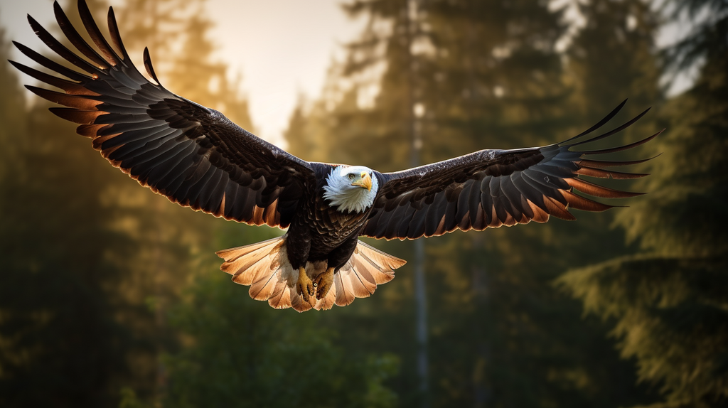 Ein majestätischer Adler, der majestätisch über den Himmel fliegt, eingefangen in einem Moment perfekten Lichts