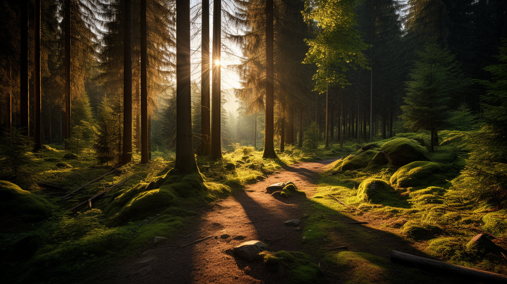 Ein majestätischer Blick auf den Bayrischen Wald, der sich in seiner vollen Pracht ausdehnt. Ein Wanderweg schlängelt sich durch den Wald, während die Sonne durch die Bäume scheint.