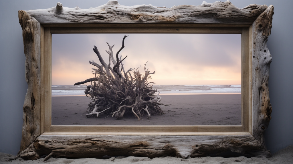 Ein Bilderrahmen aus Treibholz mit einem stimmungsvollen Foto mit mehr Treibholz am Strand. Im Hintergrund das Meer.. Dieses Bild erzeugt eine natürliche und gemütliche Atmosphäre.