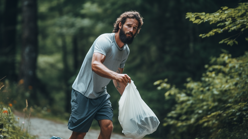 Ein Bild von jemandem, der während des Laufens Müll aufsammelt. Dieses Bild zeigt die Verbindung von Fitness und Umweltschutz.