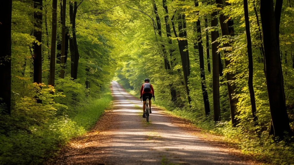 Ein Bild von jemandem, der mit dem Fahrrad auf einem Naturweg fährt. Dieses Bild zeigt die Verbindung von Bewegung und Naturschönheit.