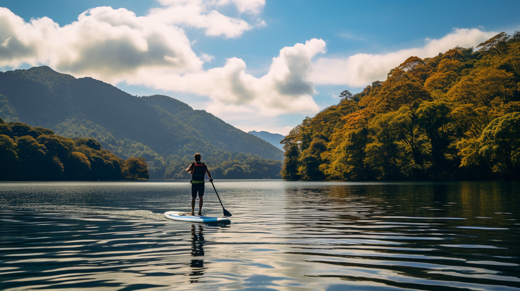 Ein Bild von jemandem, der auf einem Kajak oder Stand-up-Paddle-Board über einen See gleitet. Dieses Bild vermittelt die Freude an Wassersport und Naturerlebnis.
