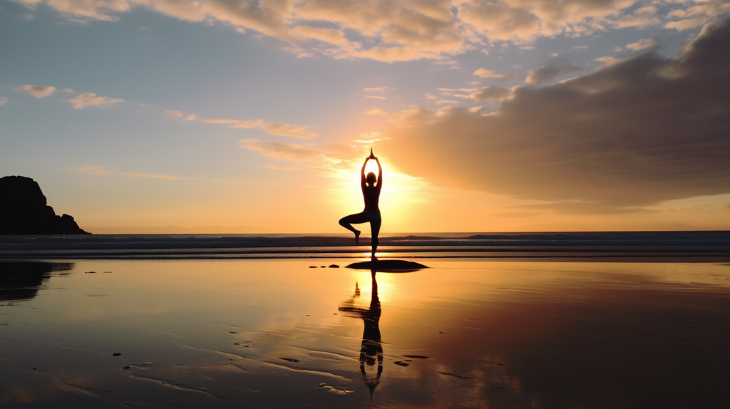 Ein Bild von jemandem, der Yoga auf einer Wiese oder am Strand praktiziert. Dieses Bild vermittelt Ruhe und Entspannung.