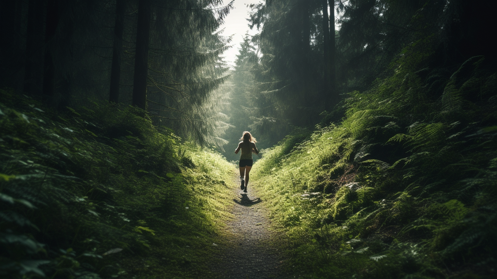 Ein Bild von jemandem, der über einen Waldweg rennt. Dieses Bild inspiriert zum Laufen in der Natur.