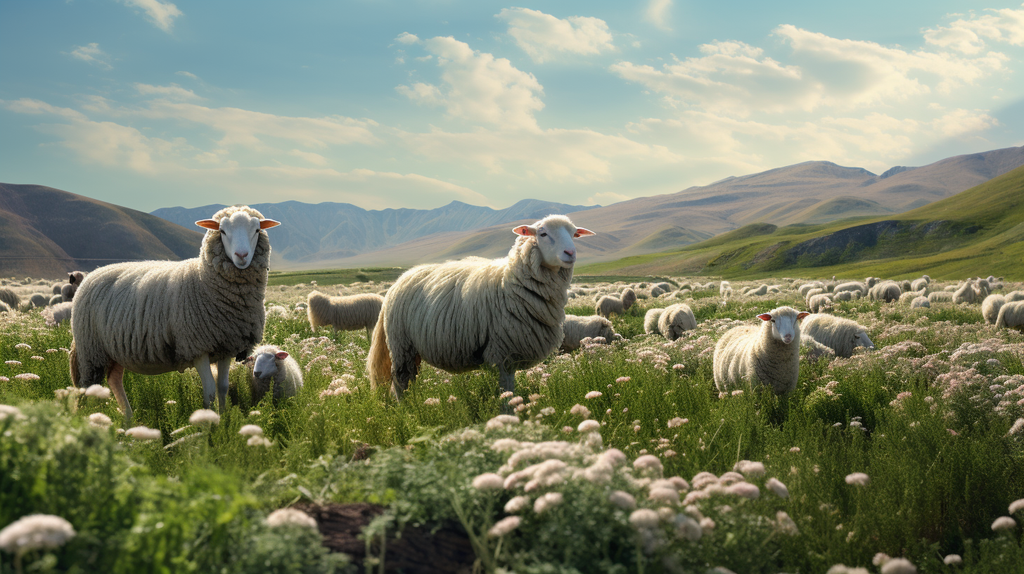Ein Bild, das eine idyllische Landschaft mit Merinoschafen und ihre Wolle zeigt. Das Bild vermittelt das Gefühl von Komfort und Naturverbundenheit.