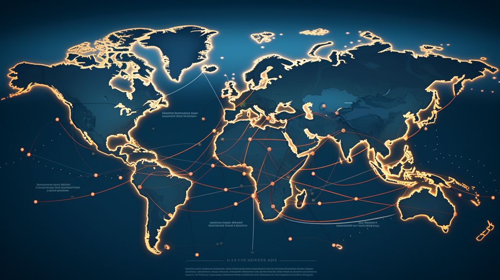 Una representación de rutas de viaje en un mapa mundial que conecta varios destinos de viajes sostenibles. El mapa irradia un inspirador amor por los viajes.