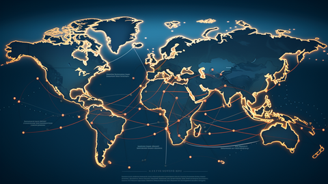 Una rappresentazione dei percorsi di viaggio su una mappa del mondo che collega varie destinazioni di viaggio sostenibili. La mappa irradia un amore stimolante per i viaggi.