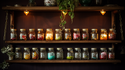 Una mensola con vasi di vetro decorati pendenti. Questa immagine mostra come possono essere utilizzati vecchi occhiali in modo creativo e funzionale.