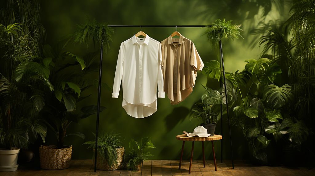 Ein stilvolles Outfit auf einer hängenden Kleiderstange inmitten von grünen Pflanzen. Es symbolisiert den Kreislauf des Bewusstseins, der vom Einkauf bis zur Entsorgung von Kleidung reicht.