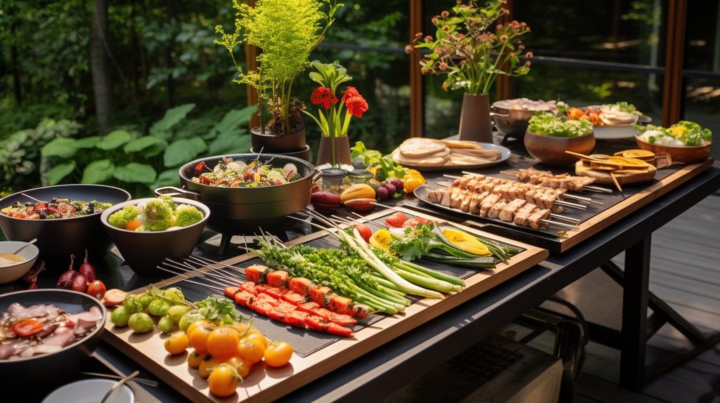 Ein nachhaltig gedeckter Grilltisch im Freien mit umweltfreundlichem Einweggeschirr, frischen Zutaten und einer Vielzahl von leckeren veganen und vegetarischen Grillgerichten.