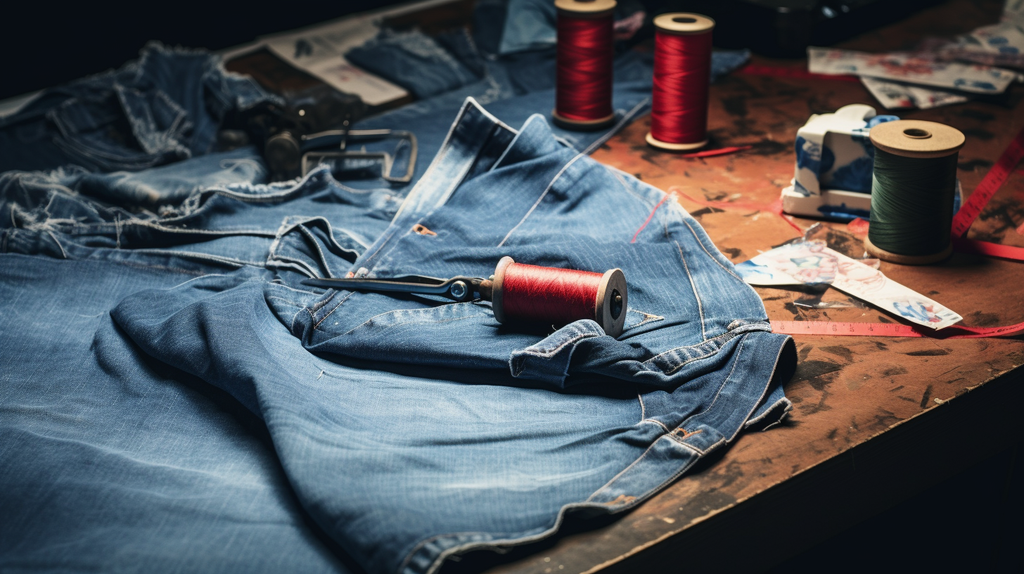 Ein Tisch mit Nähutensilien, Stoffresten und einem DIY-Kleidungsstück, das aus alten Jeans gemacht wurde. Das Bild zeigt die Kreativität des Upcycling-Prozesses.