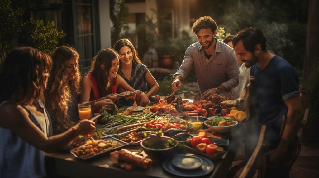 Ein lebendiges Bild von Freunden und Familie, die um eine offene Flamme versammelt sind und mariniertes Fleisch und Gemüse grillen. Die Atmosphäre strahlt Wärme und Zusammengehörigkeit aus und fängt die Essenz der spanischen Küche im Freien ein