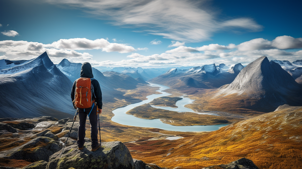 Ein Bild, das eine Person in Wildspark-Outdoor-Bekleidung zeigt, die auf einem Berggipfel steht und die weite Landschaft betrachtet, um die Freude am Entdecken neuer Orte zu verdeutlichen.