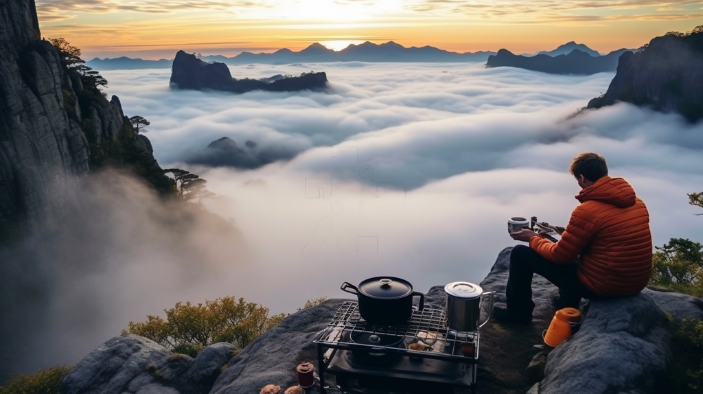 Ein Abenteurer, ausgestattet mit einer Kochausrüstung, bereitet morgens in der malerischen Natur sein Frühstück zu. Ein kleiner Campingkocher steht auf einem Felsvorsprung, während der Nebel über den Bergen liegt.