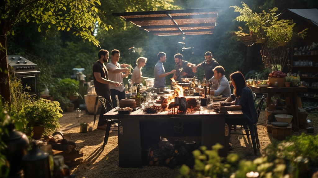 Eine umweltfreundliche Grillparty im Freien mit Freunden und Familie, die das soziale Element des nachhaltigen Grillens betont.